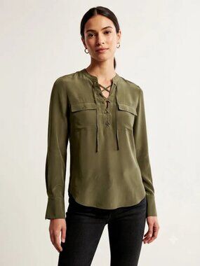 Madewell 100% Silk Lace-Up Blouse Olive Green Utility Boho Top XXS